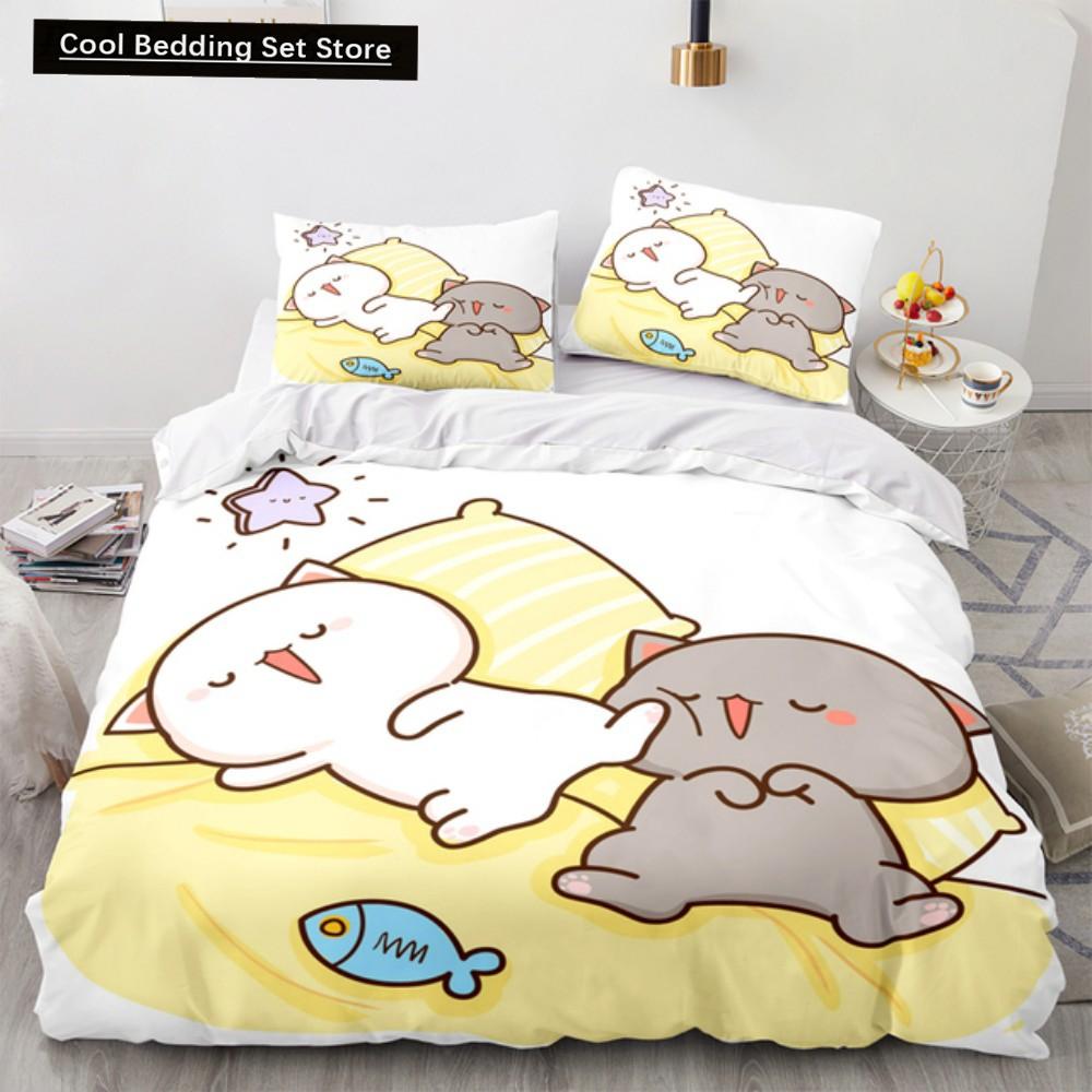 Lovely Peach Cat Bedding Set Cartoon Comforter Sets Double Queen King Twin Full Size Duvet Cover Set Kids Girls White Bed Linen
