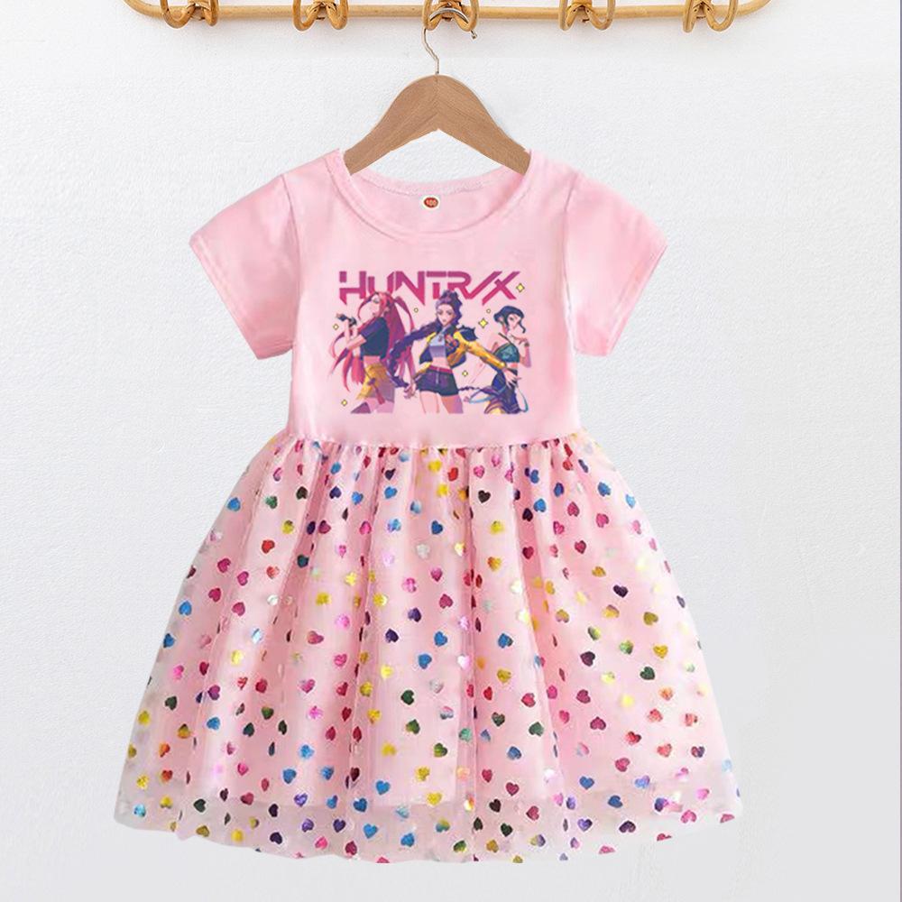 Cute Huntrix Girls Short Sleeve Dress Cartoon Band Print Colorful Heart Tulle Skirt Kids Casual Princess Tutu Dress for Daily Holiday Birthday Party