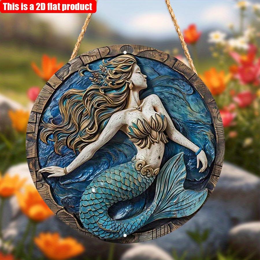 2D Flat 20*20cm1pc Cartoon blue mermaid pattern Round Pendant, Blue Beautiful Dreamy Style Art plaque, Suitable for Bar&corridor&Girl bedroom&window