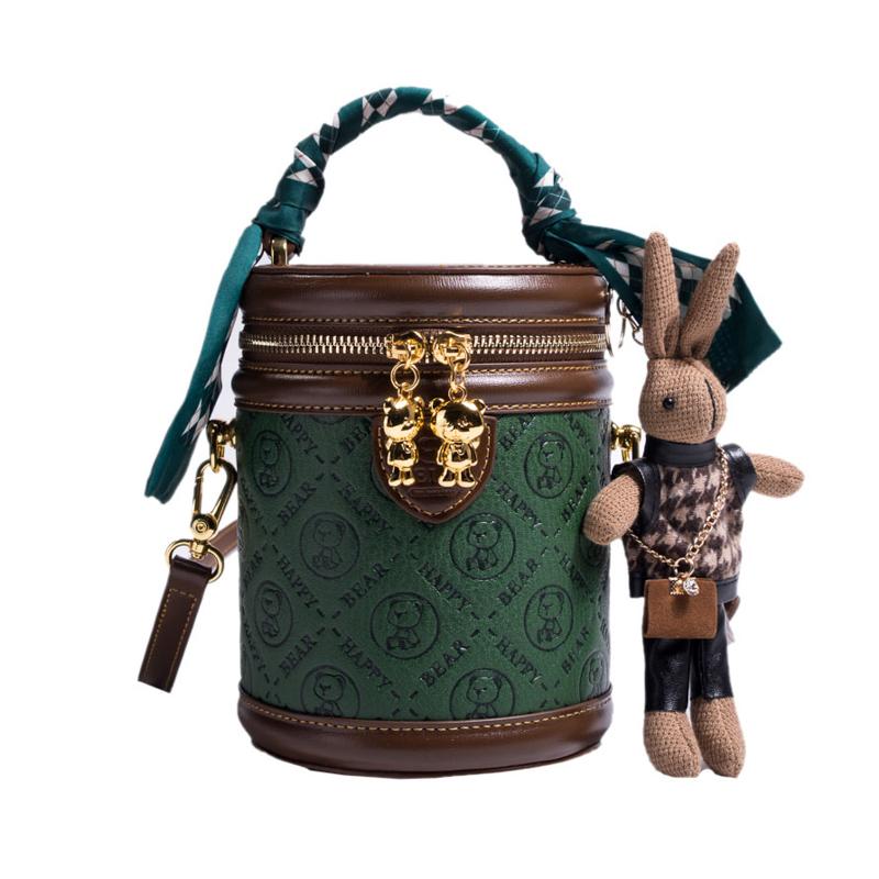 Fashion PU Leather Mini Bear Cylinder Handbag Women'S Crossbody Bucket Bag Women Zipper Shoulder Bag Scarf Decor