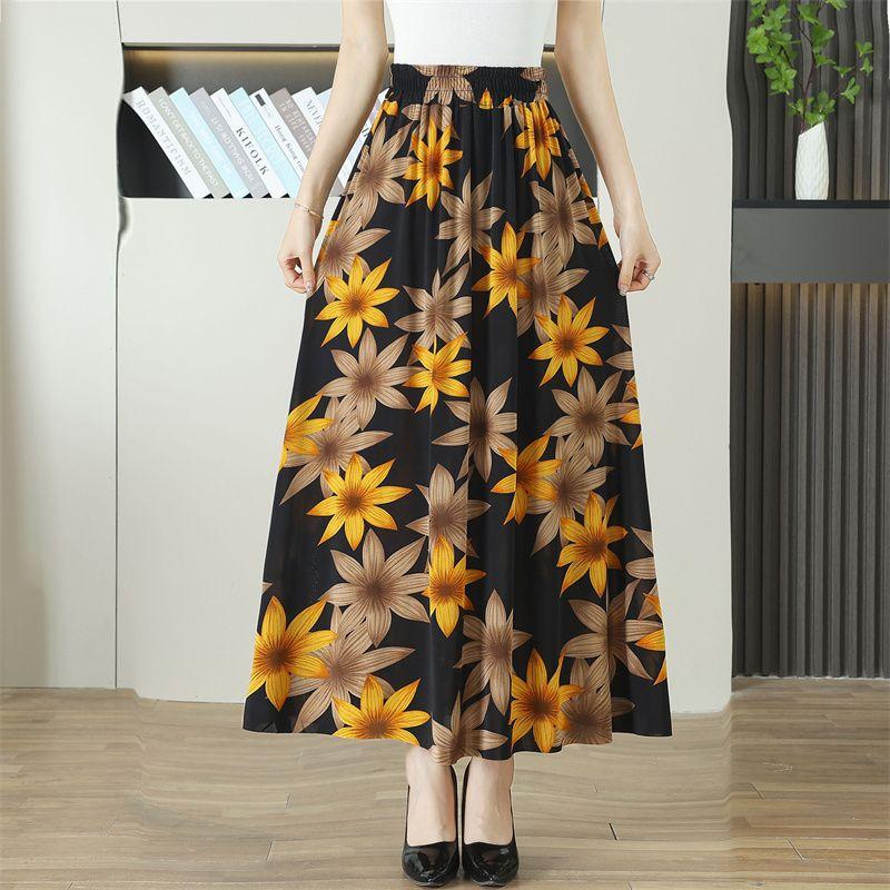 Fuste florale de vară pentru mame de vârstă mijlocie și vârstnice, fustă midi florală din mătase de gheață, fustă lungă florală, fustă cu talie elastică