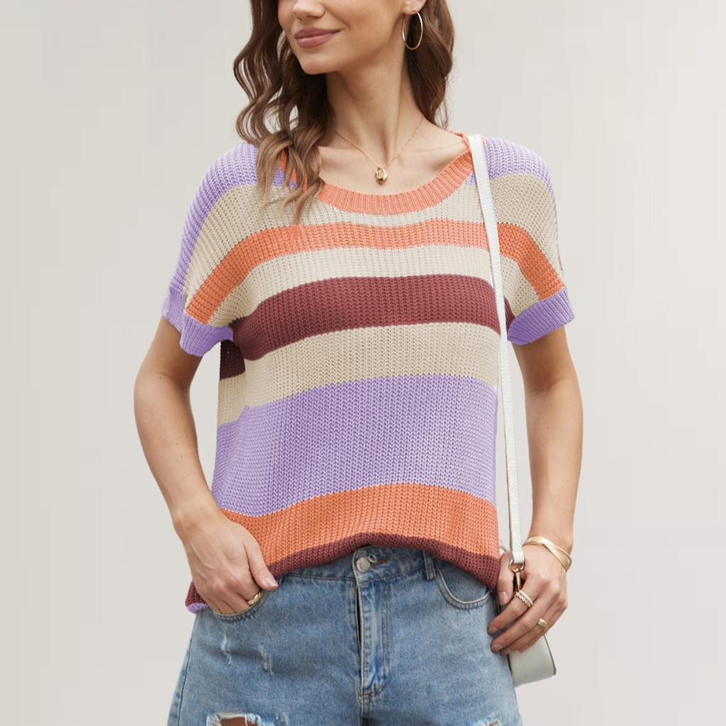 QICED Loose Patchwork Striped T-shirt Casual Pullover Women's Short-sleeved Sweater