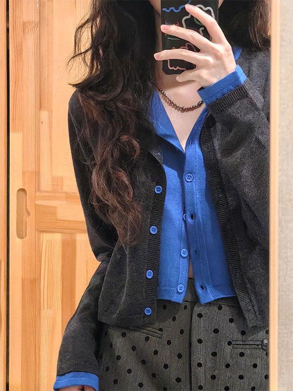 Women's New Arrival Retro Color Block Two-Piece Look Cardigan T-shirt - Early Autumn Casual Short Top