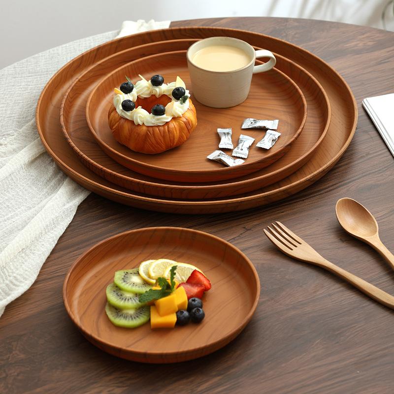 Wood Grain Tray Plastic Household Cup Teacup Tray Round Fruit Tray Commercial Hotel Water Cup Kettle Storage Plate