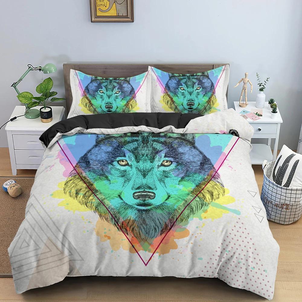 Polygon Cartoon Animal Pattern Duvet Cover Watercolor Lion Background Polyester Bedding Set King Queen Size 2/3Pcs For Kids Boys