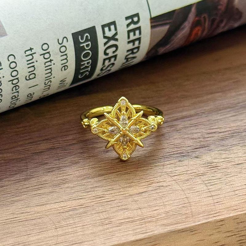 Medieval Vintage Rhombus Four-Leaf Clover High-End Ring Women'S Light Luxury Court Style Fashion Niche Stacking Ring