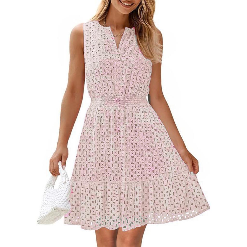 Women's Summer Fashion Lace Hollow V-Neck Color Casual Sleeveless Dresses