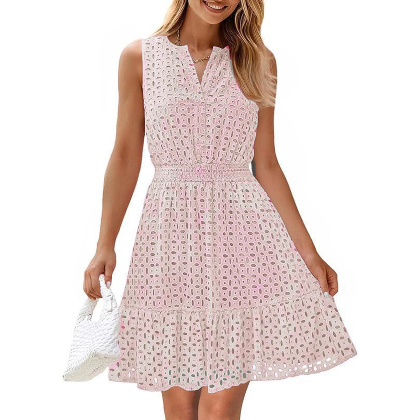 

Женские летние модные кружевные однотонные повседневные платья без рукавов с V-образным вырезом XXL розовый