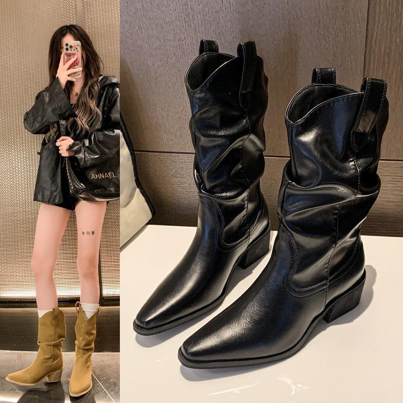 Short Boots Women's Maillard Medium Boots Coarse Heel Western Cowboy Boots Pointed Pile Boots Large Size Women's Boots
