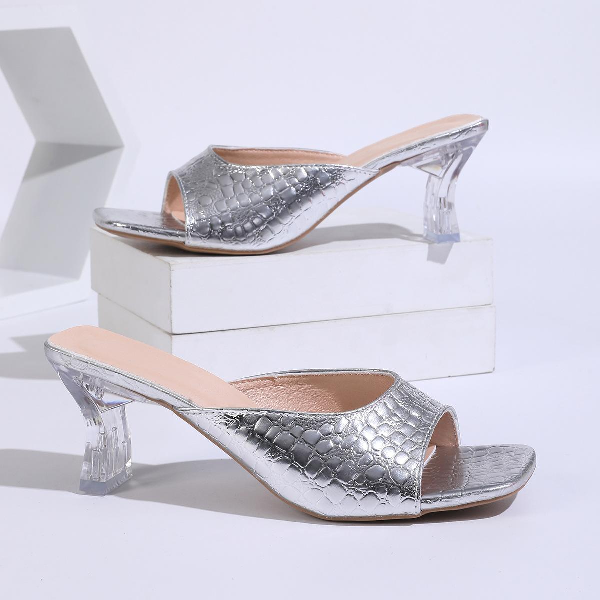 

Большие размеры тапочки на высоком каблуке женская модная верхняя одежда рыбий рот высокие каблуки новые тонкие каблуки квадратная верхняя одежда модные сандалии 35 серебряный