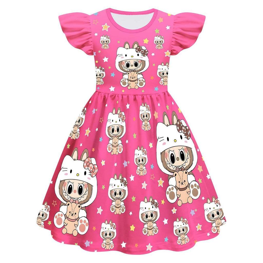 New Children'S Dress Cosplay Labubu Girls Flying Sleeve Skirt 3D Digital Printing