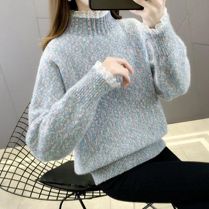 Lace Half High Collar Sweaters Women's Autumn and Winter Large Size Loose Bottom Knitted Pullovers Casual Print Jumpers