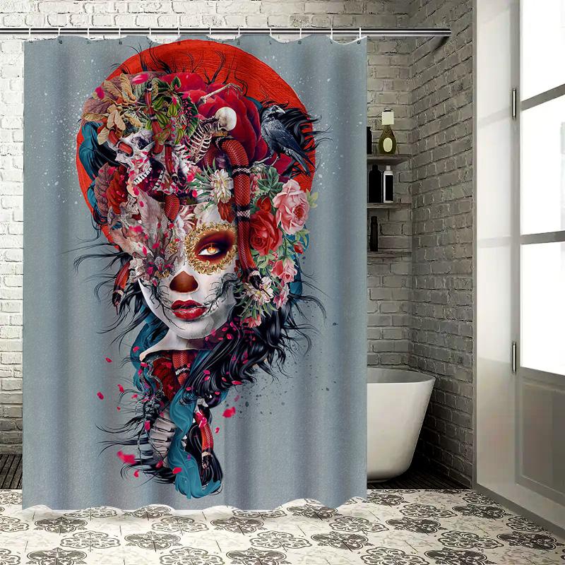 Artistic Decor Shower Curtain Featuring A Gothic Skull Woman With Red Roses Perfect For Halloween Or Day Of The Dead Celebration