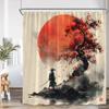 Warrior Samurai Shower Curtain Japan Shrine Red Full Moon Cherry Blossom Bathtub Decor Polyester Bath Curtain With Hook