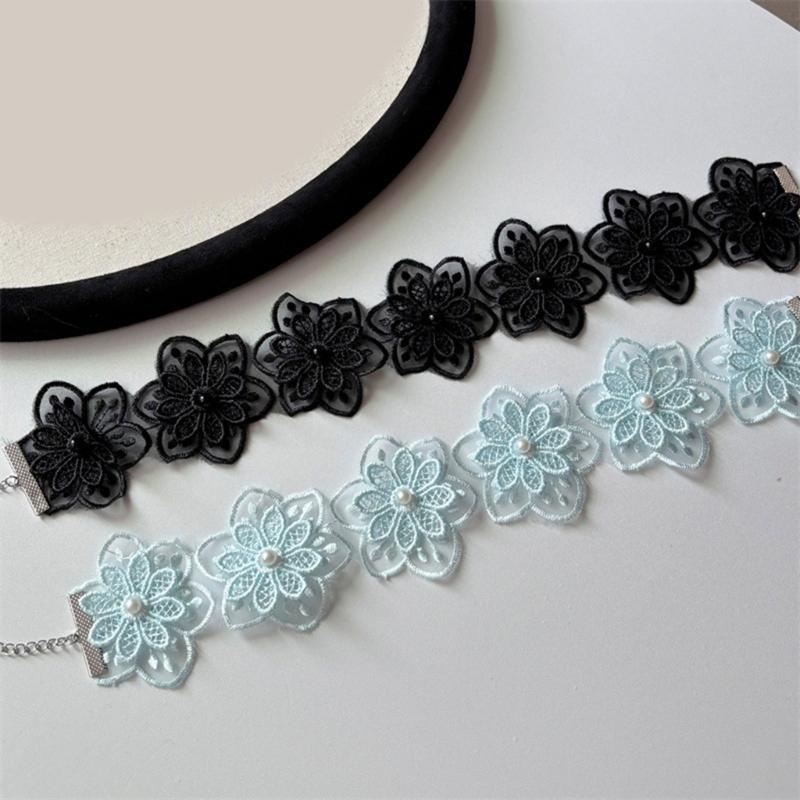 Collana di Pizzo Floreale Ispirazione Vintage con Perle Finte Catena Corta per Matrimoni e Feste
