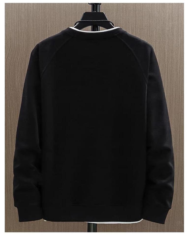 Trendy Men's Solid Color Round Neck Sweatshirt: Stylish, Comfortable, Loose Fit, and Fake Two-Piece Design for Autumn/Winter.