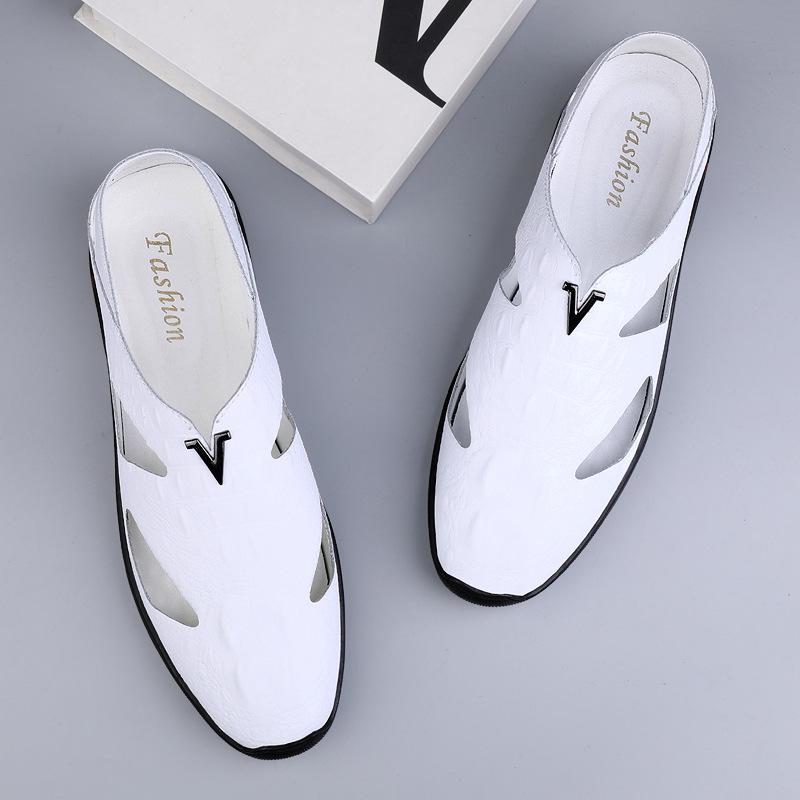 

Мужская обувь 2025 года, летние новые сандалии большого размера, однотонные, дышащие, повседневные туфли из полой кожи в британском стиле, двухслойные туфли для вождения 37 белый