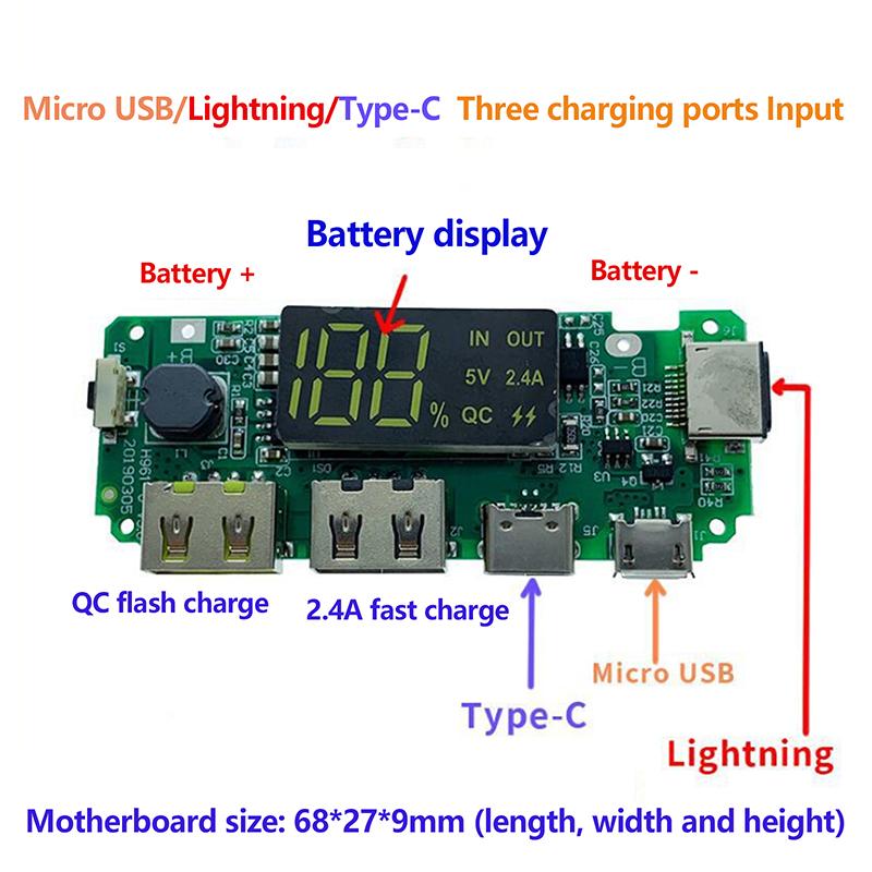 Lithium Battery Charger Board Led Dual Usb 5V 2.4A Micro Type-C Usb Mobile Power Bank 18650 Digital Display Charging Module
