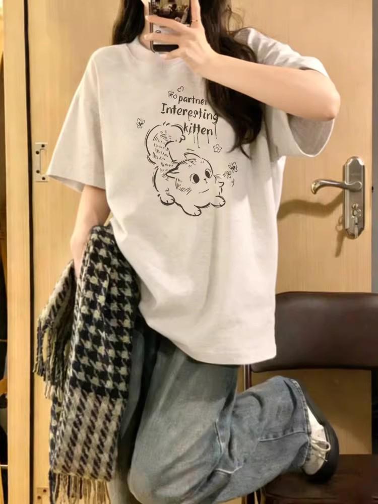 Women s Cat Graphic Loose Fit T-Shirt - Pure Cotton, High Quality, Summer 2026 Collection Small серый