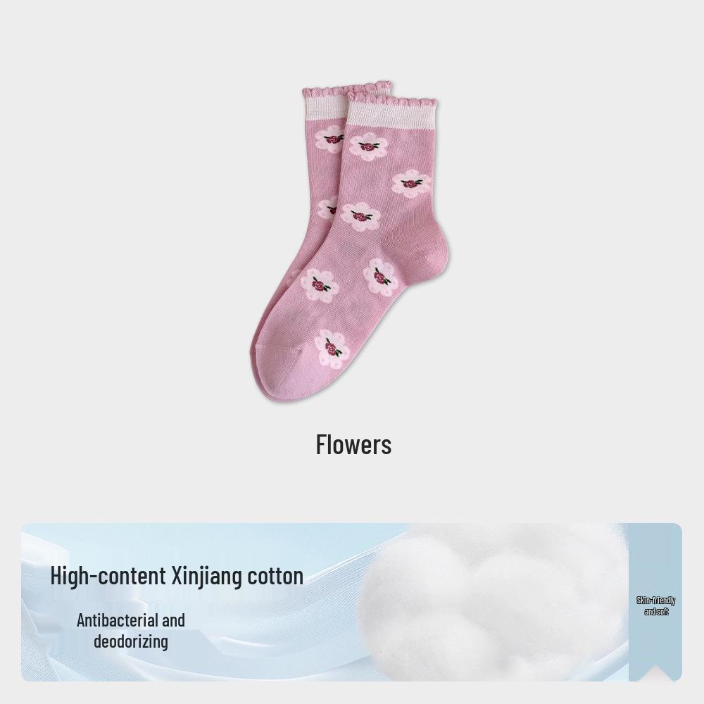 Women's Mid-Calf Lace Cotton Socks - Antibacterial, High Elasticity, Fresh Spring & Autumn Style