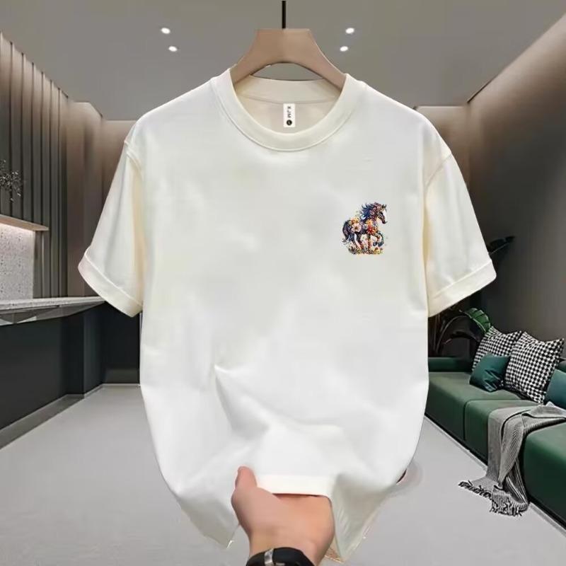 Mens Casual Cotton Short Sleeve T Shirt Floral Horse Printed Round Neck Top