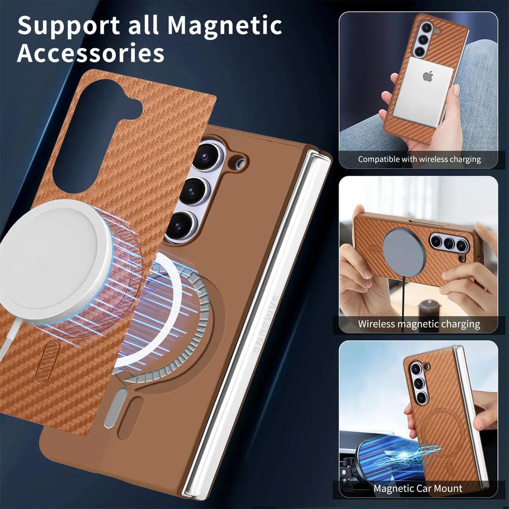 Magnetic Carbon Fiber Pattern Leather Case for Samsung Galaxy Z Fold 6 Fold5 4 Electroplated Frame Shell Film Integrated Cover