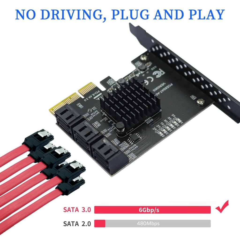 PCIe SATA Expansion Card, 6-Port, 6Gbps SupportPCIe 3.0 x4Plug & PlayLow Profile Bracket & Cable IncludedWindows, Linux, NAS CompatibleHigh-Speed