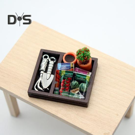 Mini-Gartenschaufel-Set, Topfpflanzenmodell aus Kunstharz mit Holzkiste, Miniaturschaufel, Handrechen für Puppen, Garten, Balkon, Fotografie-Requisiten