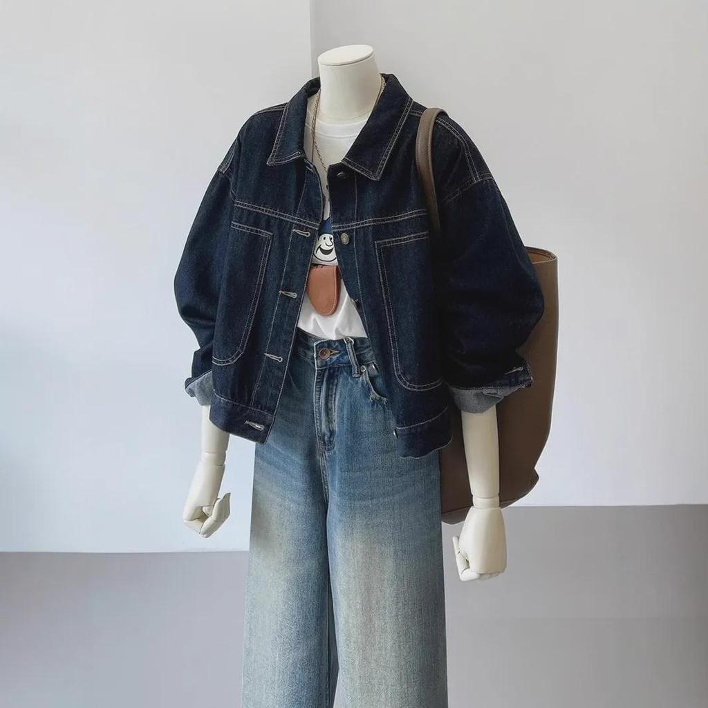 Women's Dark Blue Denim Jacket, Workwear-Inspired, Autumn Korean Style, Casual Pocket Design, Slimming Fit.