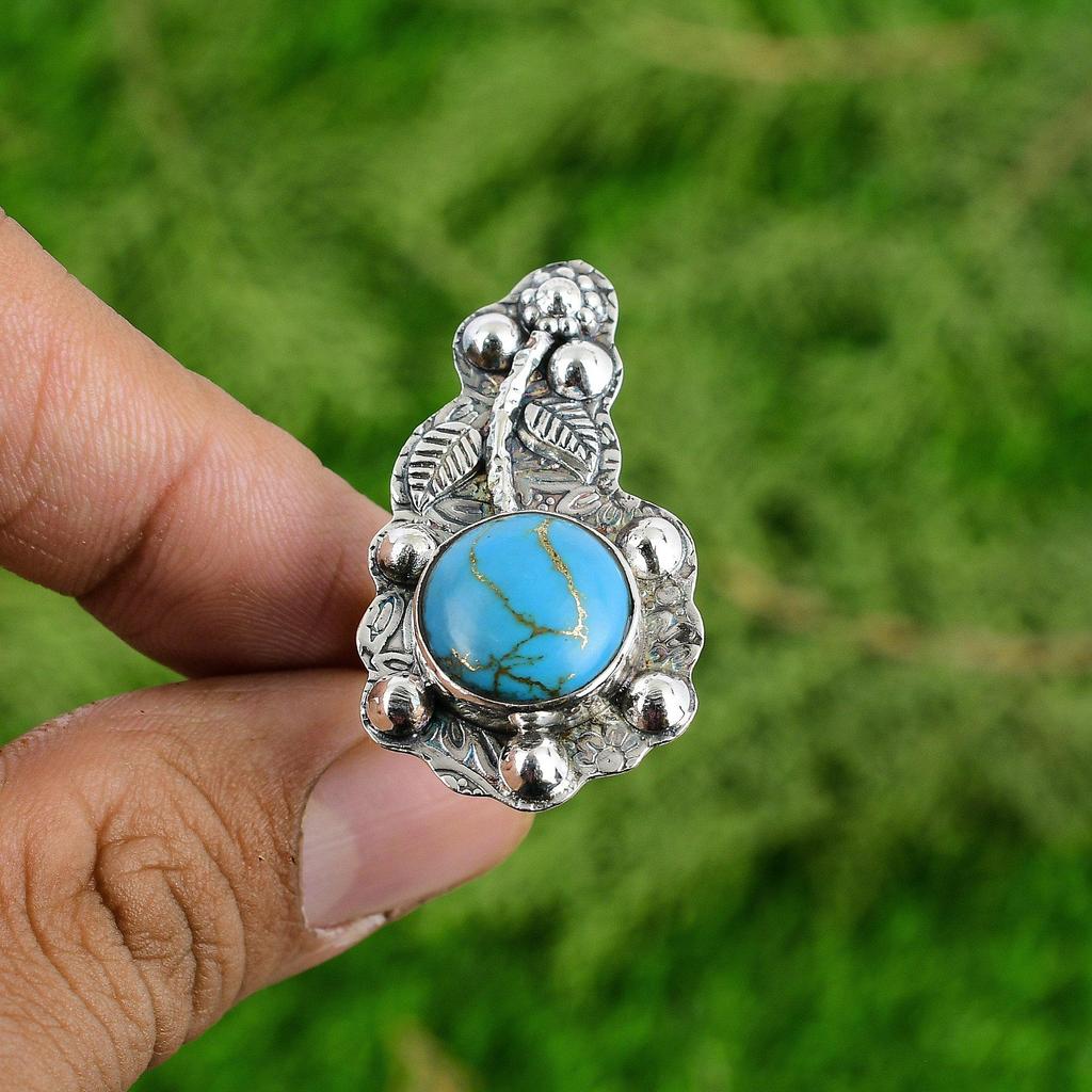 Natural Copper Arizona Turquoise Sterling Silver Stackable Artisan Flower Ring