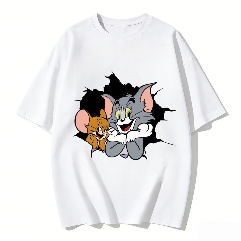 2026 New Tom Jerry Print Tshirt Casual Loose Couple Family Matching Outfits Short Sleeve Cotton Tee Summer Streetwear Tops Y2k