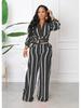 European & American Women's Striped Two-Piece Set: Long Sleeve Shirt & Pants