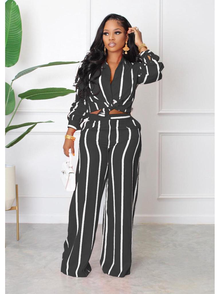 European & American Women's Striped Two-Piece Set: Long Sleeve Shirt & Pants