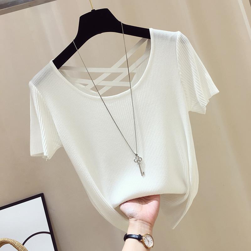 Sırtı Açık Tişört Kadın İlkbahar/Yaz Slim Fit Örme Kısa Kollu Tişört Buz İpek Tişört Örme Üst