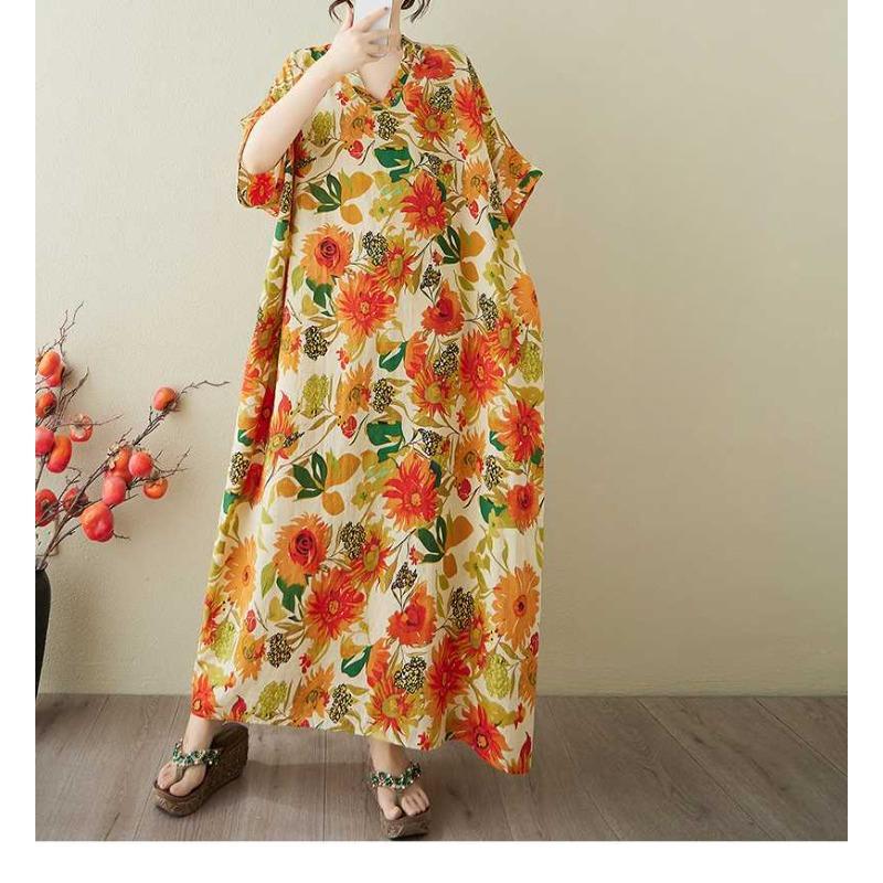 Women's Vintage Long Dress with Cotton and Linen Patterns