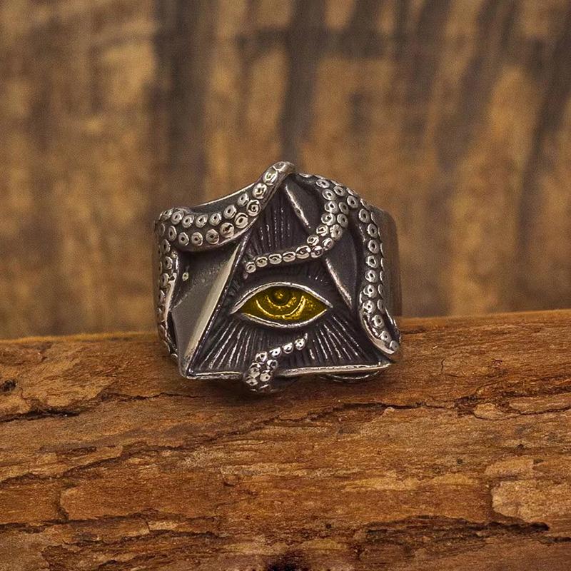 Retro Golden Eye of Providence Large Ring For Men Cthulhu Octopus Punk Gothic Ring Handmade Zircon Biker Accessories Man Gift