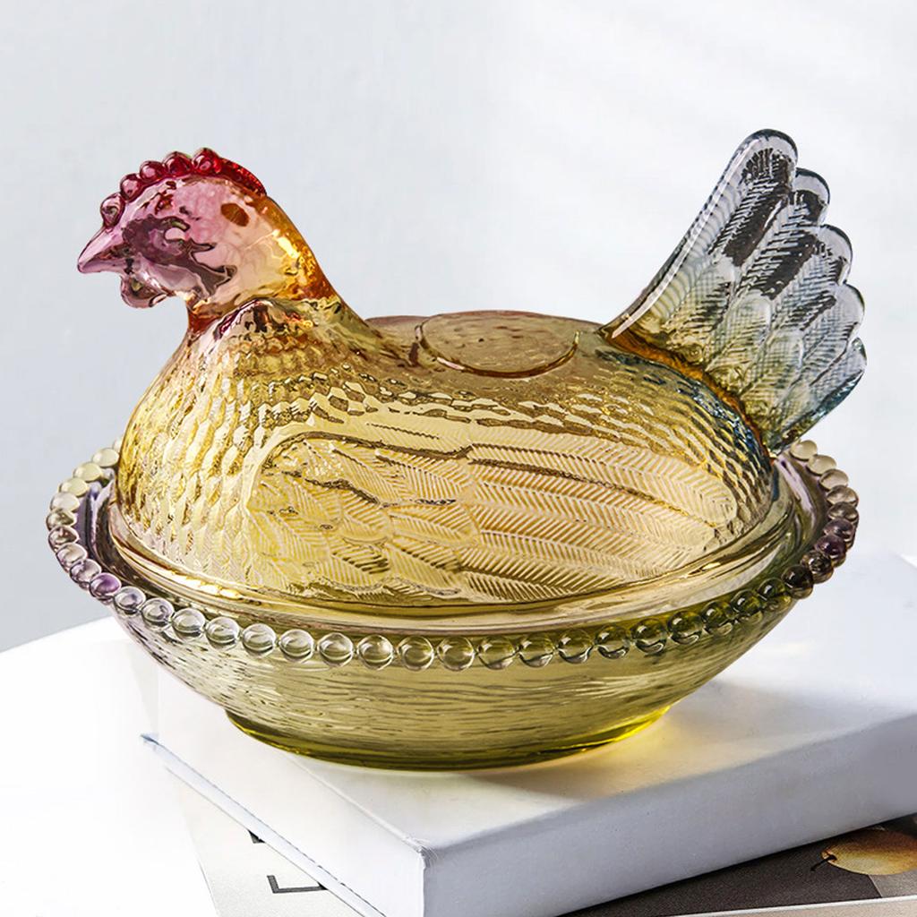 Szklane naczynie w kształcie kurczaka Vintage Cukiernica z pokrywką Wielokolorowa Na stół Talerz deserowy Miseczka na przekąski