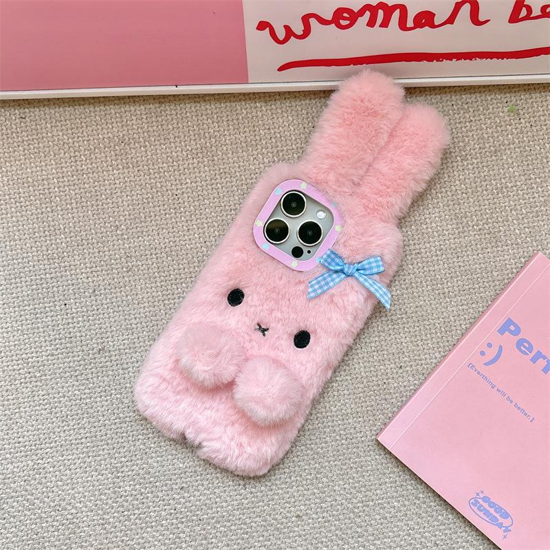 Kawaii 3D Cartoon Bowknot Rabbit Ears Warm Furry Plush Phone Case For iPhone Air 12 13 14 15 16 11 17 Pro Max Shockproof Cover
