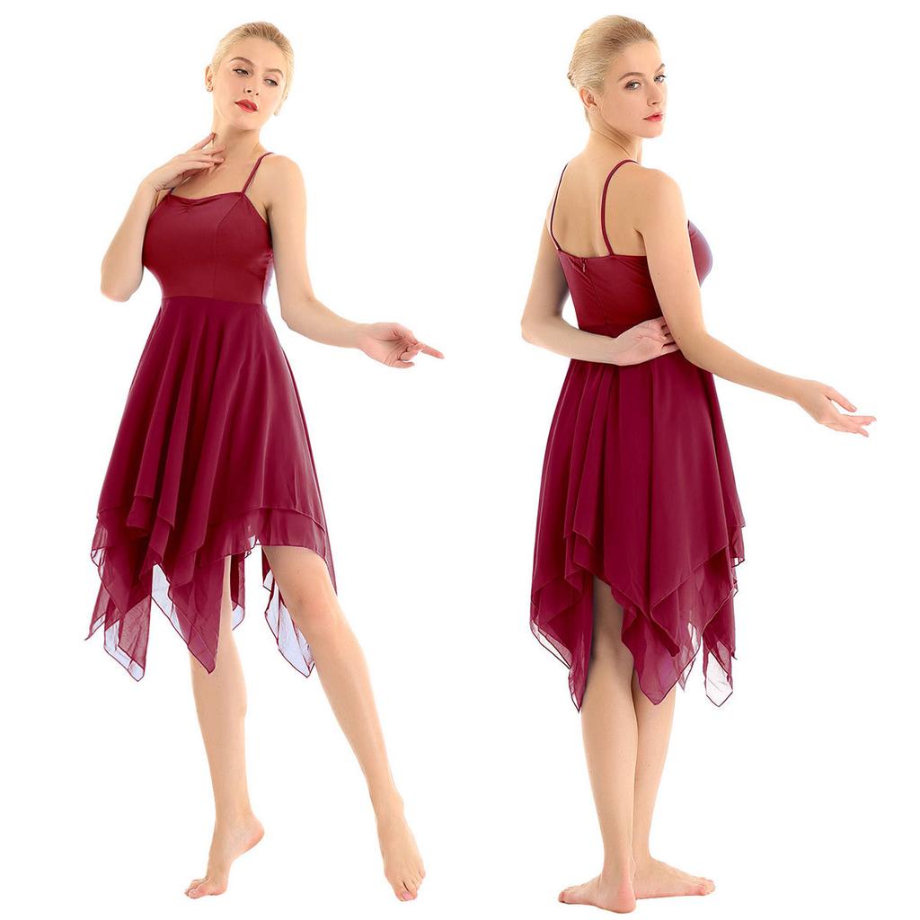 Damen-Ballettkleid für Gesellschaftstanz, Spaghettiträger, ärmellos, asymmetrisch, zeitgenössische Tanzbekleidung