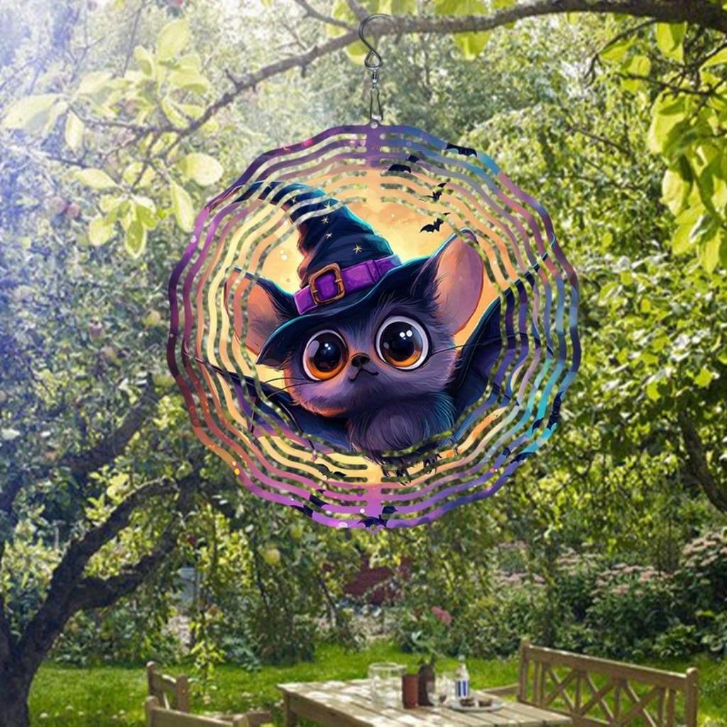 2D Mandala Wind Chime with Wizard Hat & Bat Design - Metal Hanging Decor for Garden, Indoor & Outdoor Use, Perfect for Halloween, Thanksgiving