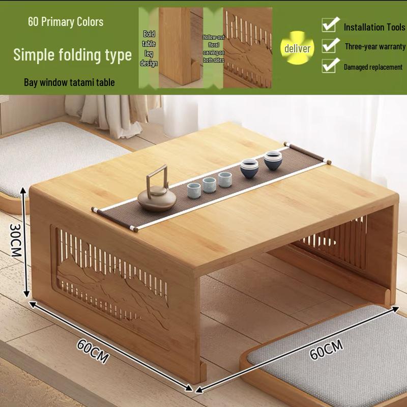 Bamboo Tatami Folding Coffee Table, Japanese-Style Low Table for Windows & Balconies