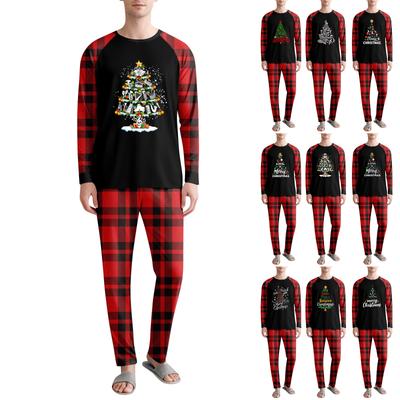 Men's Christmas Print Round Neck Top Casual Comfortable Long Sleeve Plaid Pants Pajama Set