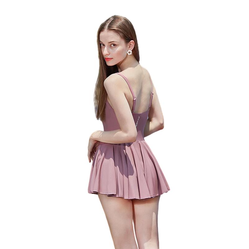 PULASSI Swimsuit One-Piece Dress-Style Pink Elegant Hot Spring Swimwear for Women
