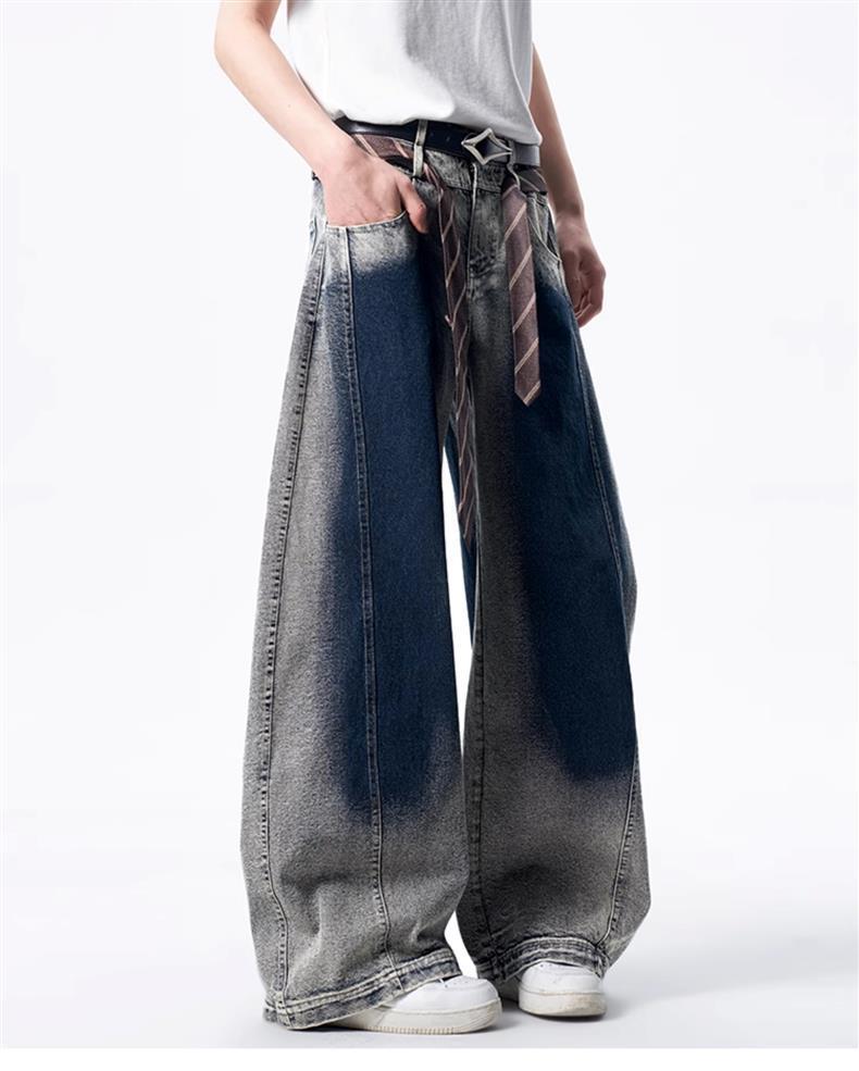 Trendy brand gradual change jeans men's and women's summer American high street wide-leg pants design sense loose slightly pull trousers