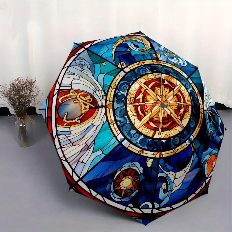 Stained Compass Rose Window PanelUmbrella, Portable 3-Fold Compact Umbrella for Men & Women Gift