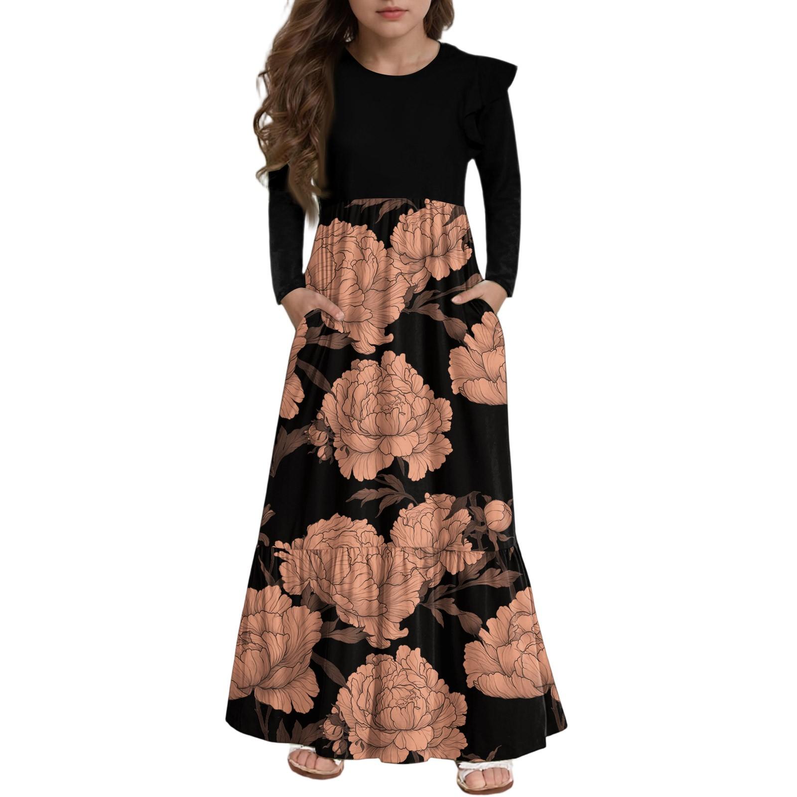 

Платье с многоярусными оборками для девочек - Макси с длинным рукавом и принтом, с карманами 160