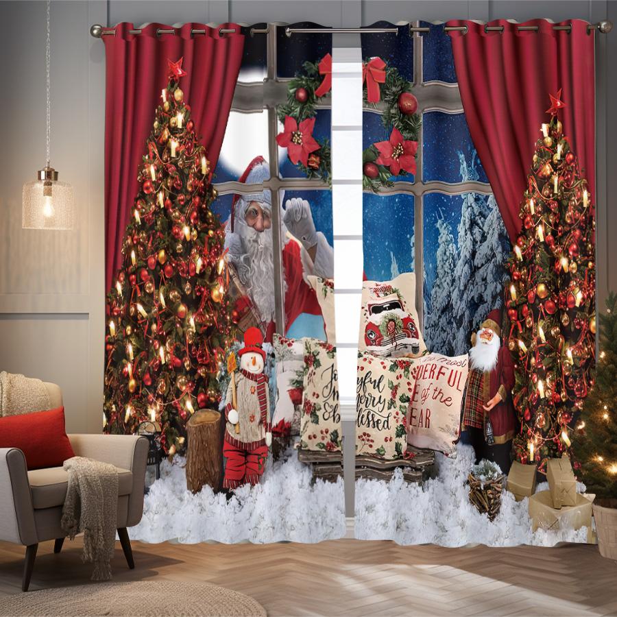 2 kusy vánoční pozadové dekorace se závěsy s potiskem vzoru Santa Clause, používané do ložnic a obývacích pokojů