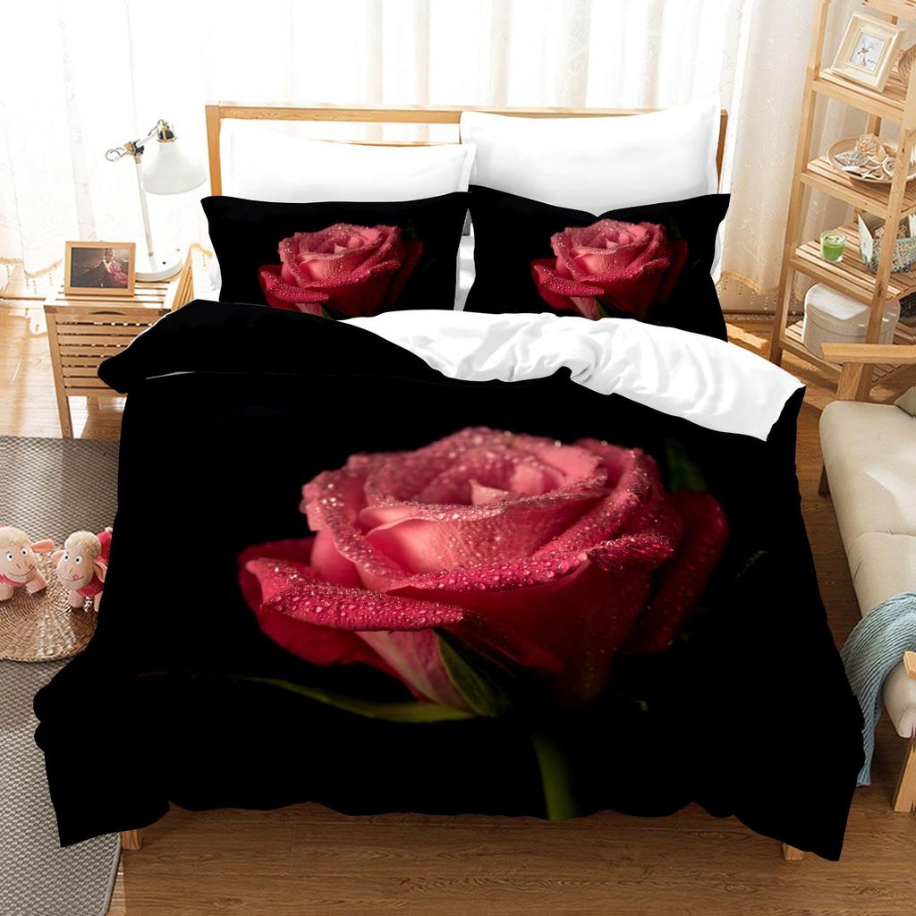 3pcs Bedding Set Red Rose Flowers Print Duvet Cover Set Single Double King Size Bed Set for Adult Home Bedroom with Pillow Case