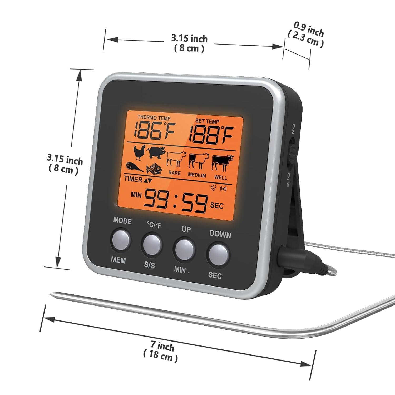 

LMETJMA Digital Meat Thermometer BBQ Food Thermometer with Backlight and Kitchen Timer Grill Temperature Probe Thermometer чёрный