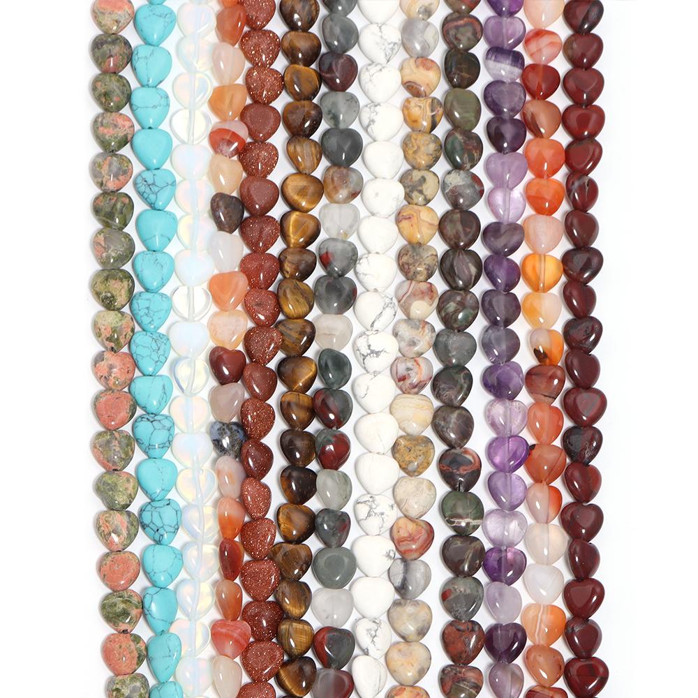 1 String Natural Stone Colorful Heart shaped Agate Tiger Eye Amethyst Blue Pine Spacer Beads DIY Charm Bracelet Necklace Jewelry
